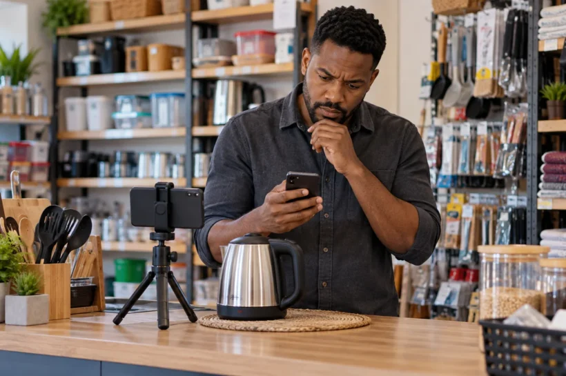 Homem numa loja de utilidades observa um celular junto a materiais de gravação.