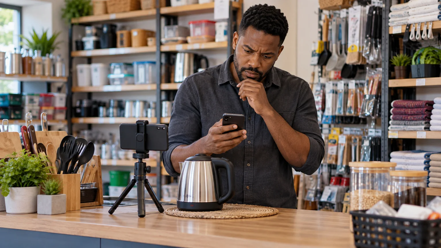Homem numa loja de utilidades observa um celular junto a materiais de gravação.