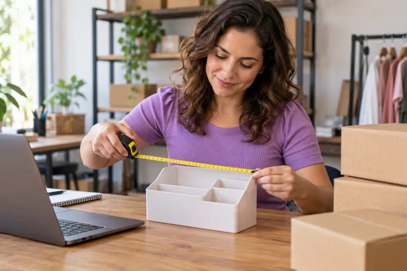 Mulher com blusa lilás usa uma fita métrica num organizador sobre o balcão.