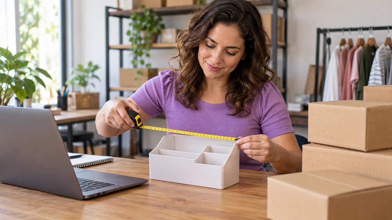 Mulher com blusa lilás usa uma fita métrica num organizador sobre o balcão.