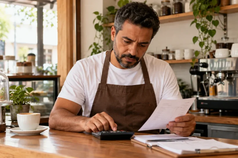 Homem de avental marrom observa anotações e calculadora numa cafeteria.