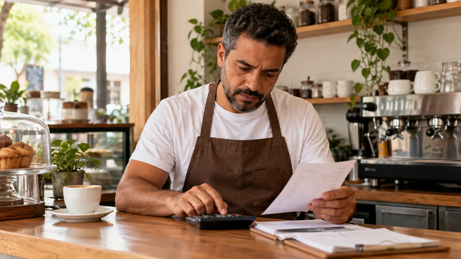 Homem de avental marrom observa anotações e calculadora numa cafeteria.