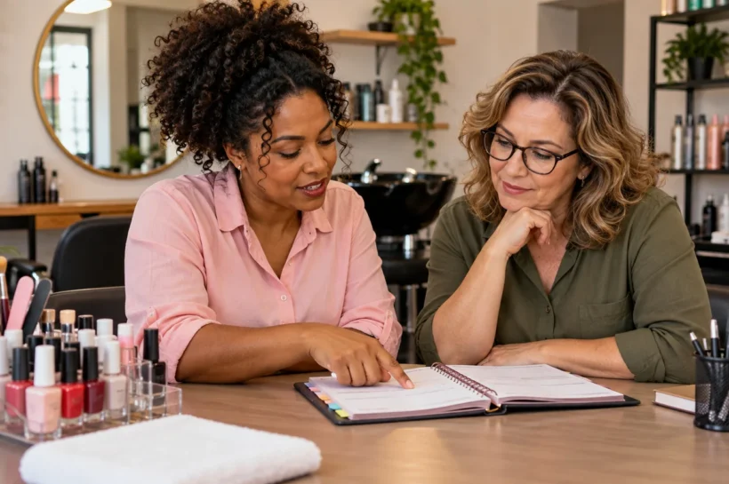 Duas mulheres observam uma agenda sobre a mesa num espaço de beleza.