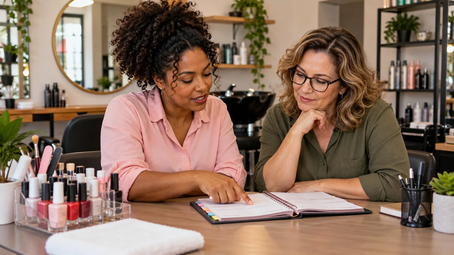 Duas mulheres observam uma agenda sobre a mesa num espaço de beleza.