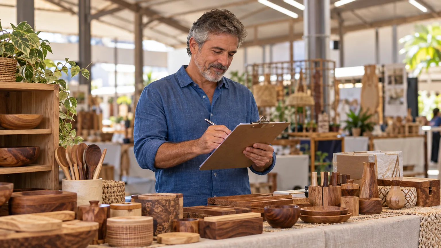 Homem de cabelo grisalho observa uma prancheta junto a produtos de madeira numa feira.