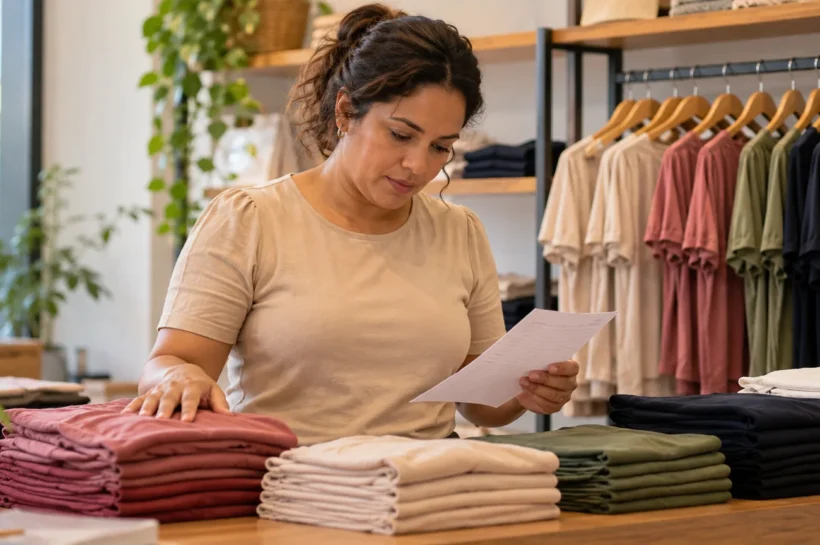 Mulher com blusa bege observa uma ficha ao lado de roupas organizadas no balcão.