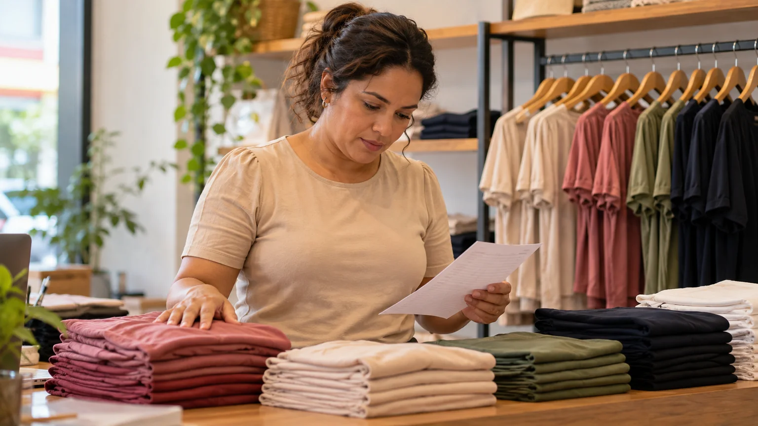 Mulher com blusa bege observa uma ficha ao lado de roupas organizadas no balcão.