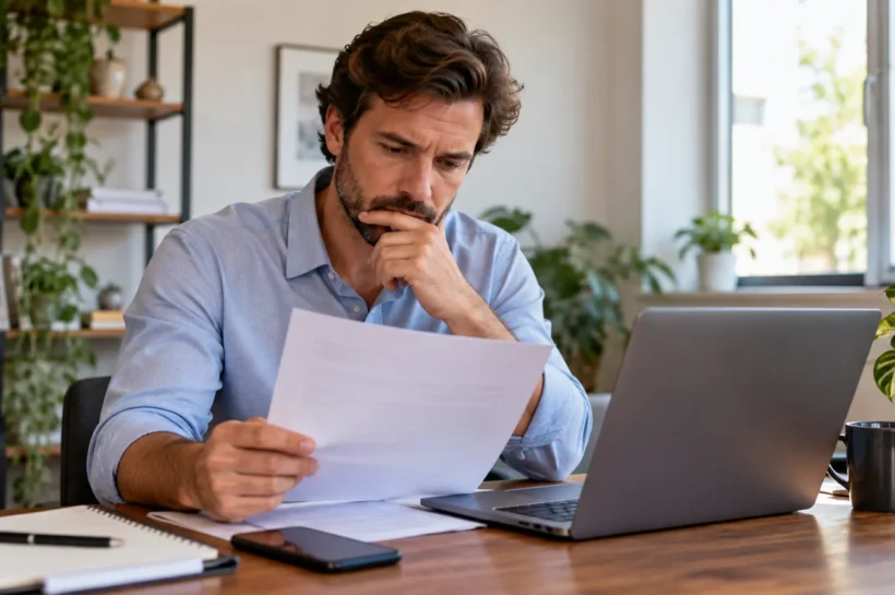 Homem com camisa azul observa papéis junto a um computador portátil.