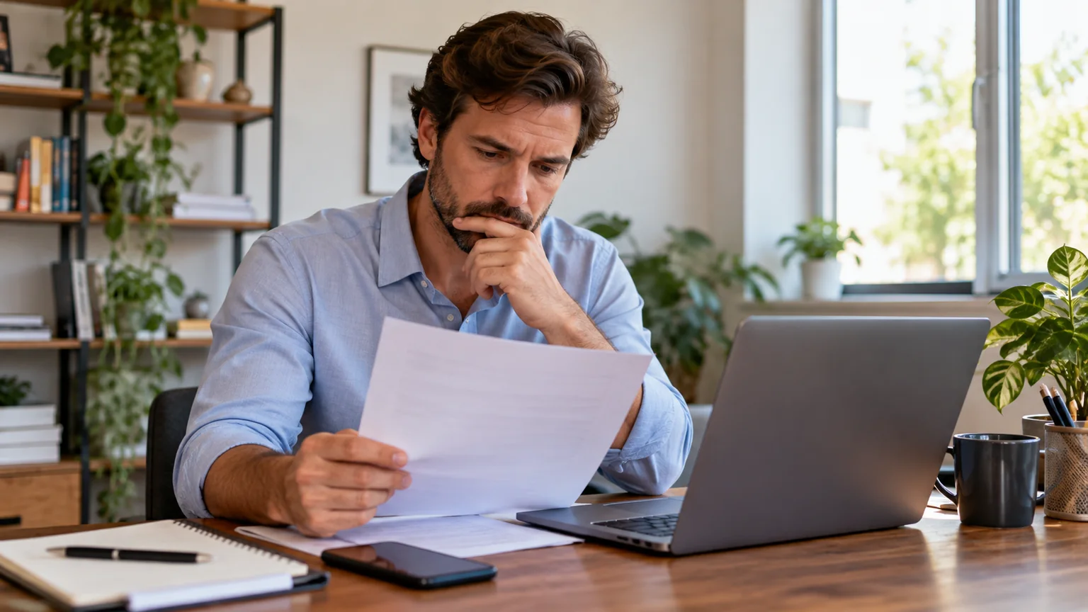 Homem com camisa azul observa papéis junto a um computador portátil.