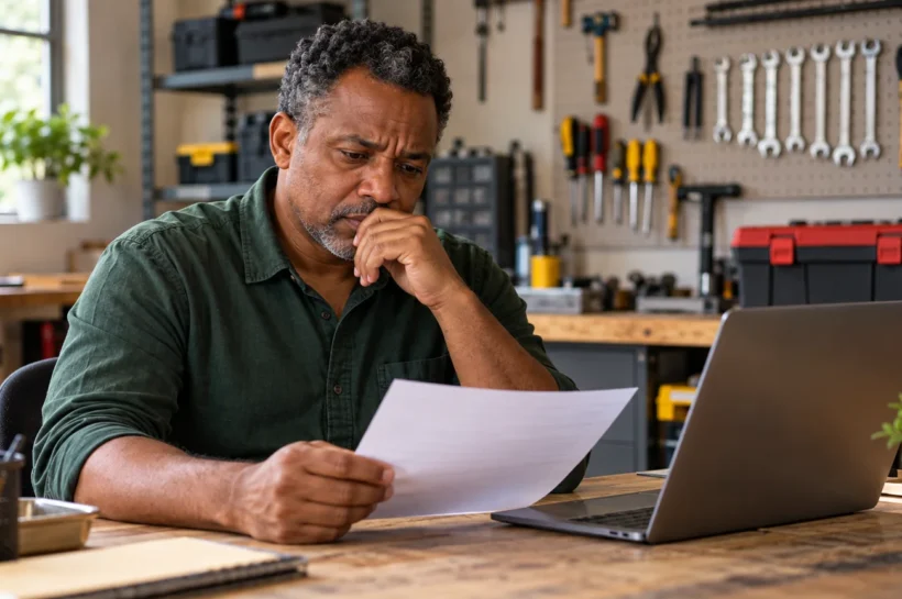 Homem de camisa verde observa uma folha de documentos junto a um notebook na oficina.