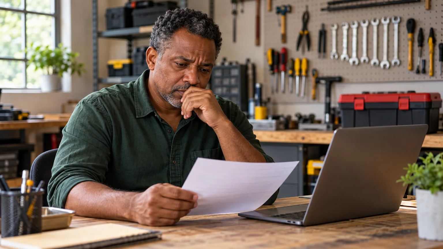 Homem de camisa verde observa uma folha de documentos junto a um notebook na oficina.