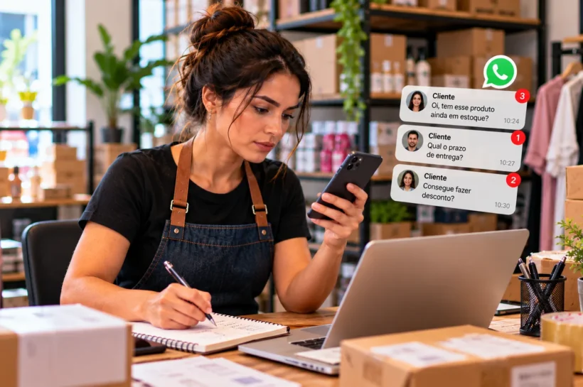 tempo de primeira resposta no atendimento: comerciante atendendo mensagens no celular