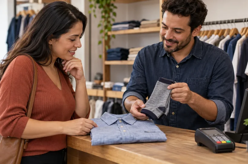 Vendedor e cliente comparam peças de roupa no balcão de uma loja.