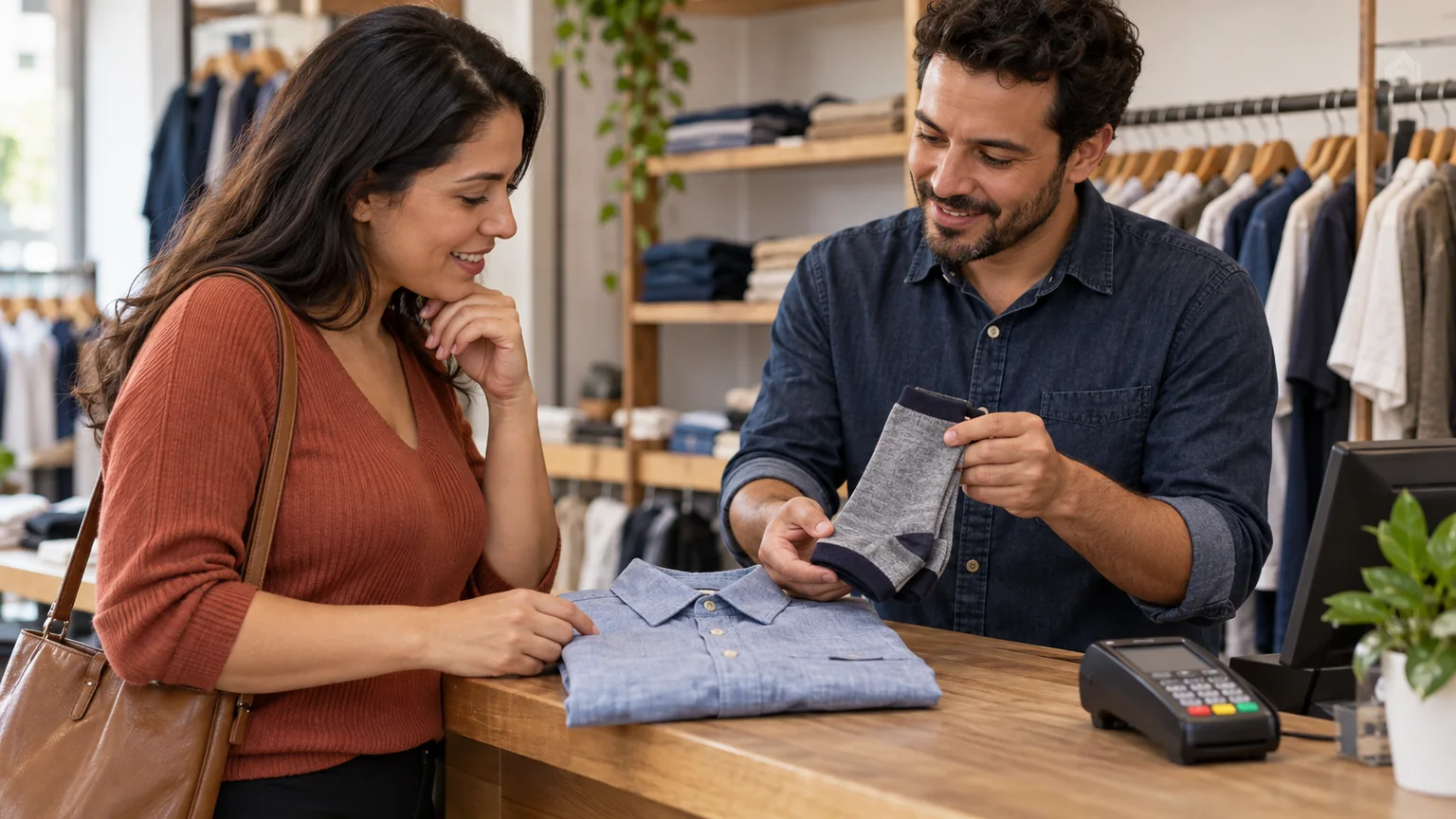 Vendedor e cliente comparam peças de roupa no balcão de uma loja.