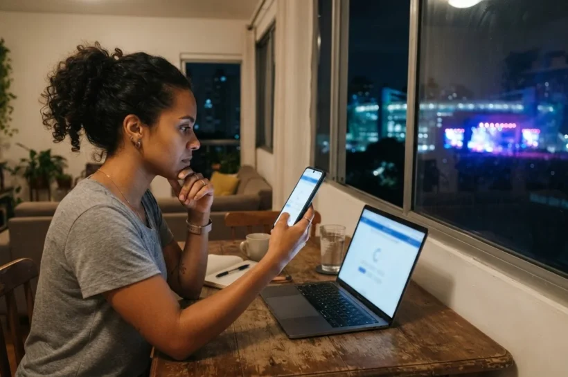 Pessoa usando celular e notebook para consultar ingressos de shows em plataforma digital