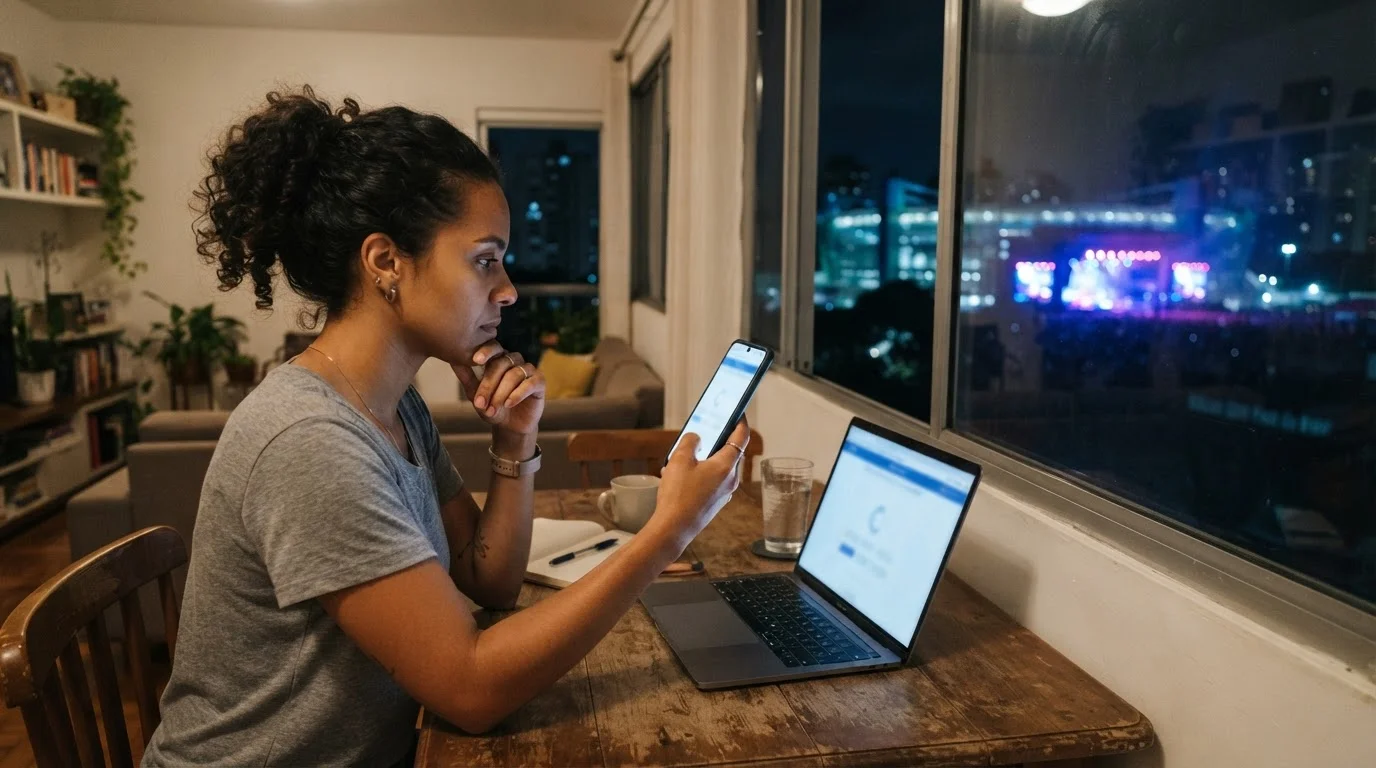 Pessoa usando celular e notebook para consultar ingressos de shows em plataforma digital