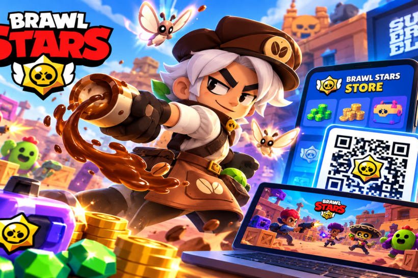 Arte de Brawl Stars com Vince, referências à Supercell Store, QR Codes e elementos do jogo