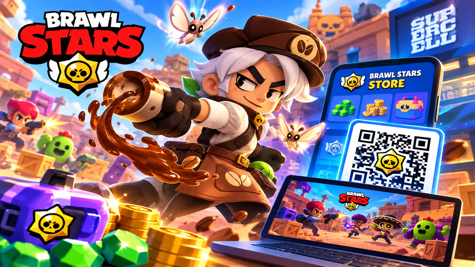 Arte de Brawl Stars com Vince, referências à Supercell Store, QR Codes e elementos do jogo